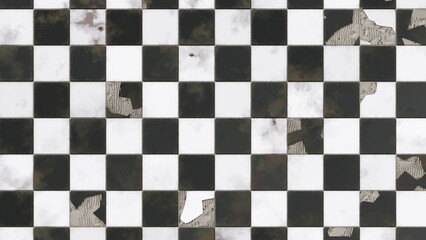 Broken black and white checkerboard floor tile texture background with damaged and cracked surfaces
