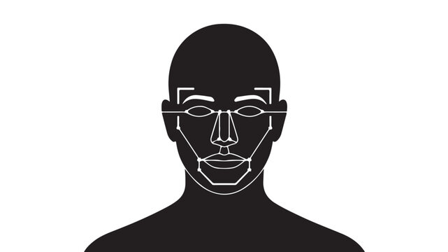 Facial recognition technology on bald mans face in minimalist style with white outline and black background for biometric security
