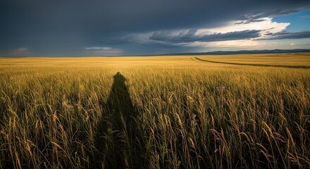 Obraz premium Serene Wheat Field Under Dramatic Sky During Sunset with Shadow in Foreground