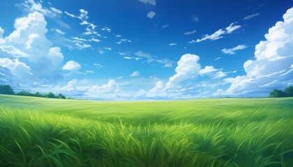 Fototapeta premium Green Field Day Sky Clouds Anime Background