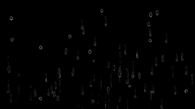 Medium amount of condensation drops forming and dripping downward on glass. Seamless loop animation with alpha channel in 4K, realistic water droplets overlay for humidity and wet surface effects.