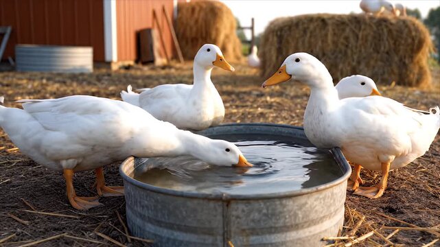 Several white ducks gathered around a galvanized metal trough drinking water on a farm with hay bales and a red barn in