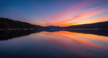 Fototapeta premium Serene Sunset Over Calm Lake with Mountain Reflection and Vibrant Sky