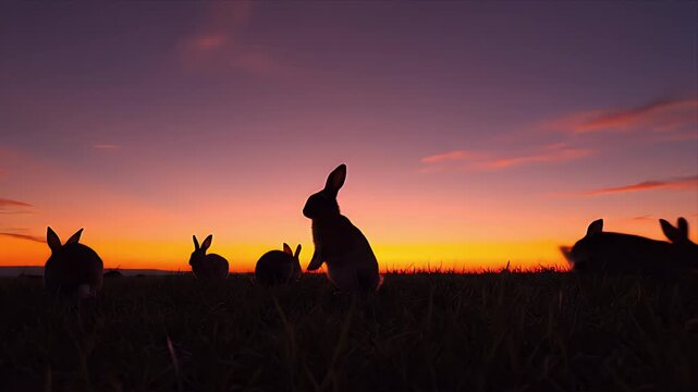 Silhouette of Rabbits in Grassy Field During Vibrant Sunset Sky with Orange and Purple Hues