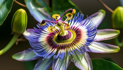 Detailed Portrait Of Passiflora Incarnata With Curling Tendrils And Star Like Floral Symmetry Under Soft Light