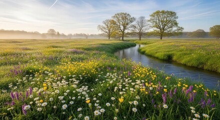 Obraz premium Serene Spring Meadow with Blooming Wildflowers and a Gentle Stream