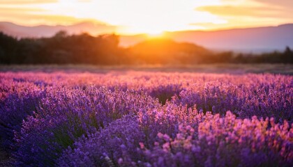 Lavender Field Sunset Vibrant Purple Flowers Blooming In A Tranquil Natural Landscape With Warm Golden Hour Light