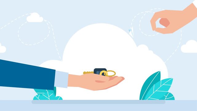 A businessman in a suit hands over keys. Sale, rent, purchase. The businessman holds a bunch of keys. The top hand holds the bunch and then throws it. Lower hand catches the keys. 2D flat animation.