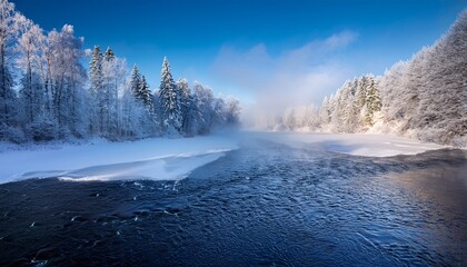 Frozen River Landscape With Misty Winter Forest