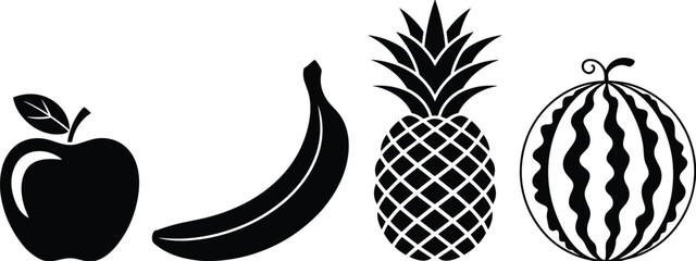 Fruit silhouette icon set with apple banana pineapple watermelon, healthy food vector collection, fresh tropical fruit symbols isolated © Champa