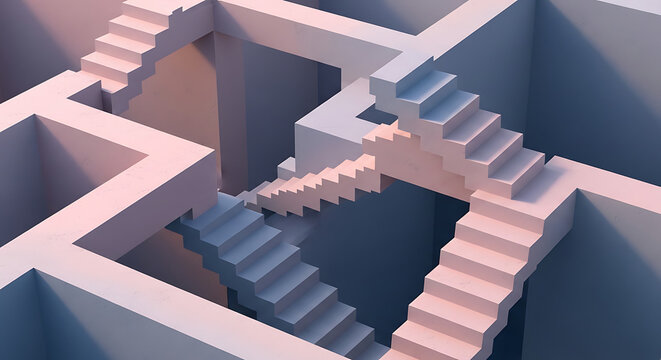 A 3D illustration of a complex maze with multiple staircases and pathways