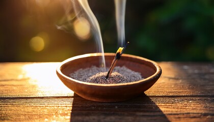 Warm Sunlight Illuminating Incense Burning In A Small Bowl On A Wooden Surface