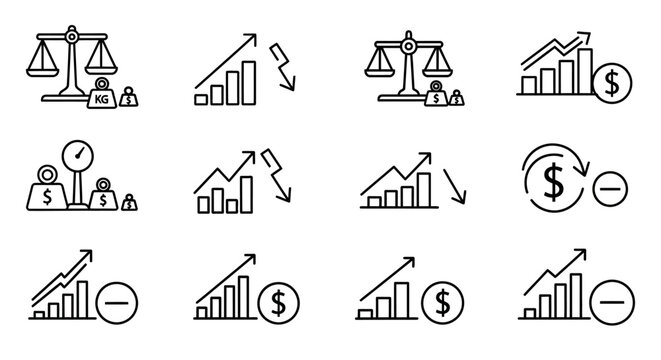 Financial and legal icon set depicting growth justice and economics