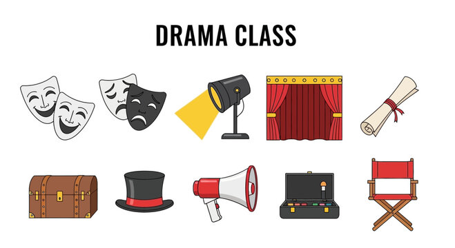 Illustration of ten items associated with drama class arranged in two rows