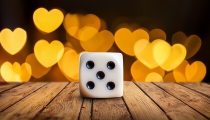 A Single White Die Rests On A Wooden Surface Amidst A Soft Bokeh Of Golden Yellow Hearts
