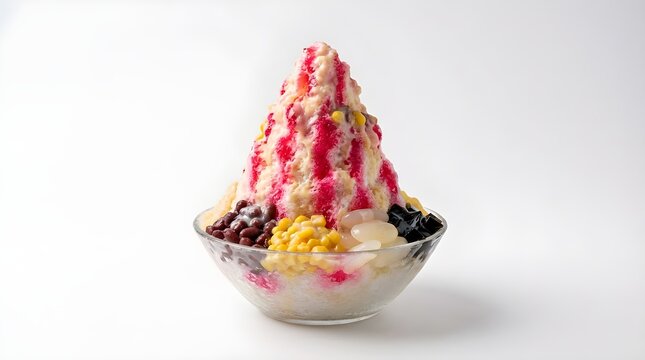 Ais Kacang Shaved Ice Mountain Draped In Rose Syrup And Evaporated Milk On White