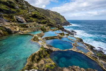 Natural Rock Pool Staircase Cascading Down Hillside To Ocean, Each Pool Glowing Different Blue Tones
