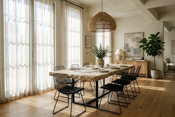 Fototapeta premium Minimalist Dining Room With Raw Edge Stone Table And Dappled Light Through Sheer Linen