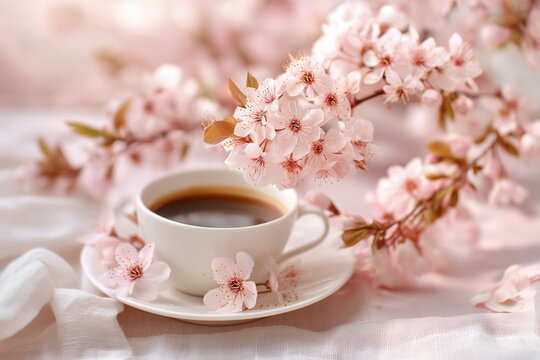 White cup of coffee or Tea on a table in pink cherry blossom garden with Spring season and sunrise in the morning