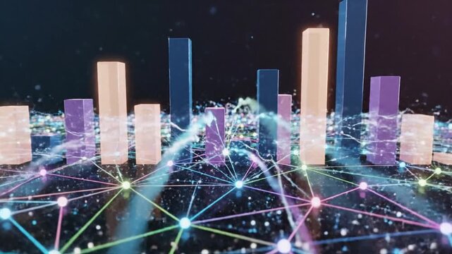 A futuristic cityscape at night with glowing connections and bars of varying heights, symbolizing global data and statistics for world population day in a dark background with a network of