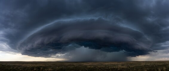 Obraz premium Dark Bruised Shelf Cloud Advancing Ominously Over Flat Landscape Threatening Immense Storm And Atmospheric Drama