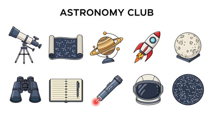 Astronomy Club banner with ten illustrated space and observation tools © zyaa