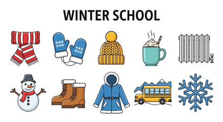 Row of ten winterthemed icons under the title WINTER SCHOOL © zyaa
