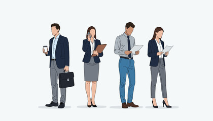 Obraz premium Four business professionals standing in a line, working on devices