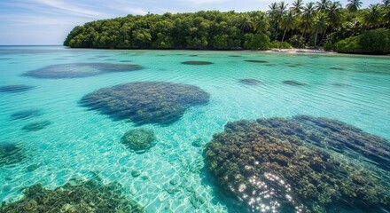 Obraz premium Tropical Island Coastline With Clear Turquoise Water And Coral Reefs