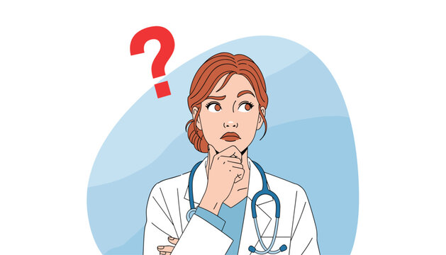 Thoughtful female doctor with question mark, confused expression