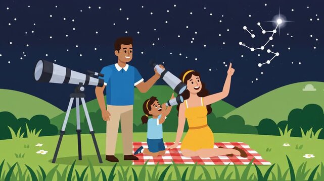 Family stargazing night with telescopes cartoon style animation footage with star constellations and picnic on green grass field