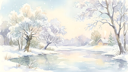 Fototapeta premium Serene Winter Landscape with Snow-Covered Trees and a Quiet Pond
