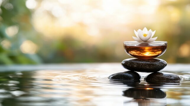 A serene scene featuring a floating lotus flower, gently resting atop a glass bowl, balanced on smooth stones, creating a peaceful and calming atmosphere for mindfulness.