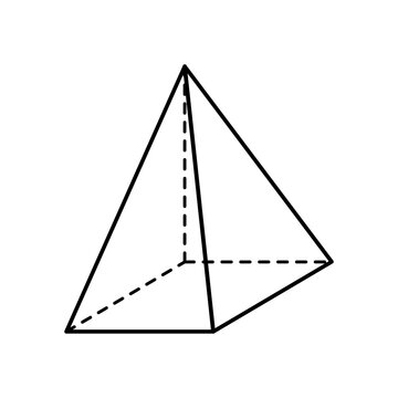 Square-based pyramid geometry diagram with dashed hidden edges, perspective wireframe illustration of geometric solid for mathematics and education