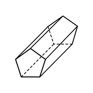 Pentagonal prism geometry diagram with dashed hidden edges, perspective wireframe illustration of five sided geometric solid for mathematics and engineering concepts