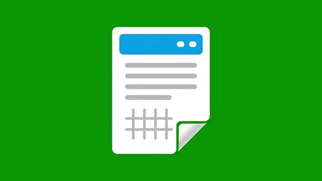 Document icon symbolizing information, data, or a report presented on a sheet of paper with a grid and text elements against a vibrant green background