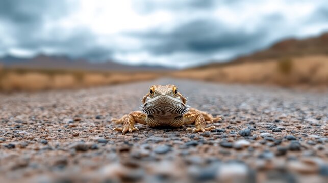 A bearded dragon rests on a gravel road, unbothered by the gloomy sky, showcasing its unique texture and colors against the natural rugged landscape.