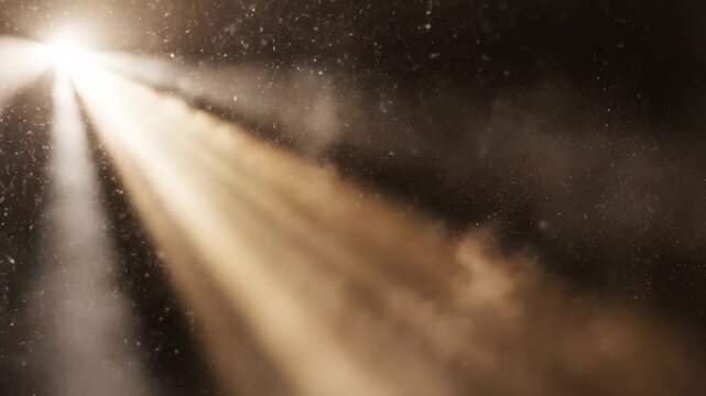 Blurry close-up of a road with headlights shining brightly in the dark with rain and snowflakes