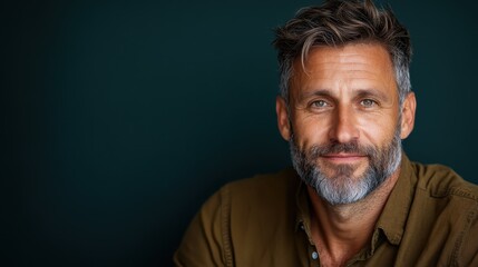 Fototapeta premium A portrait of a confident mature man smiling against a simple backdrop, reflecting wisdom, warmth, and the character that comes with grace and experience over the years.