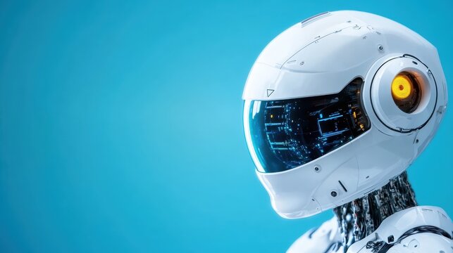 This stunning image features a futuristic robot with a sleek design and an illuminated visor, representing advanced technology and artificial intelligence in a modern context.