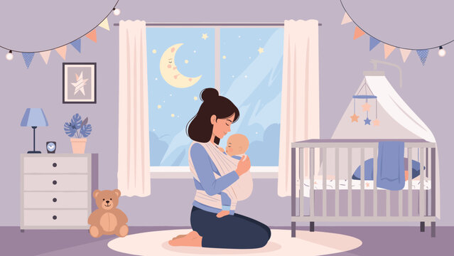Young mother holding her sleeping baby in a comfortable fabric sling inside a quiet nursery during a peaceful night with the moon.