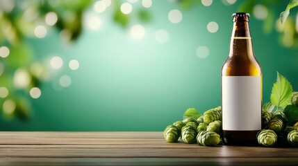 Obraz premium A beautifully presented beer bottle sits elegantly on a wooden table, surrounded by fresh green hops, embodying the essence of craftsmanship and a refreshing beverage experience.