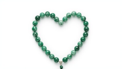 A heart-shaped arrangement of green prayer beads with a marbled design on a white background