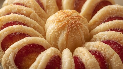 A detailed view of sugar-dusted sliced plum potato dumplings, highlighting the sweet filling and tender dough