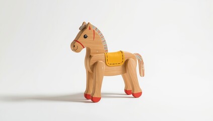 A children's wooden horse toy on a white background in the studio