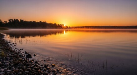 Obraz premium Serene Sunset Over Calm River with Reflections and Vibrant Colors