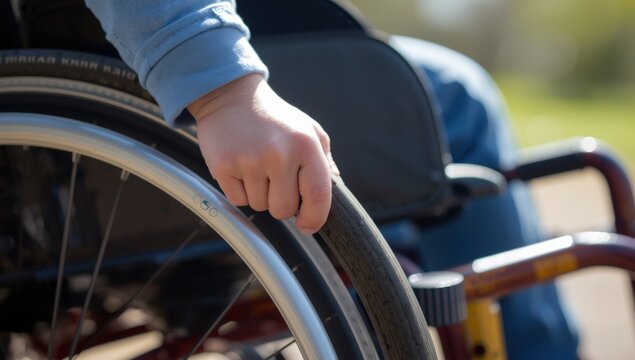 A child's hands guiding a wheelchair. The idea of individuals with disabilities