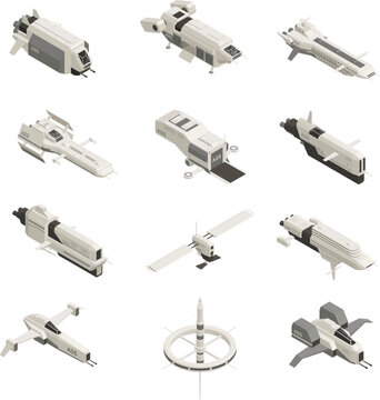 white isometric sci-fi spaceship designs featuring transport vessels, starfighters, and space station modules for futuristic gaming and exploration concepts.