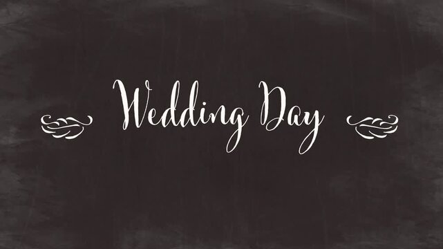 Wedding Day Calligraphy Title with Angel Wings on Rustic Chalkboard Background