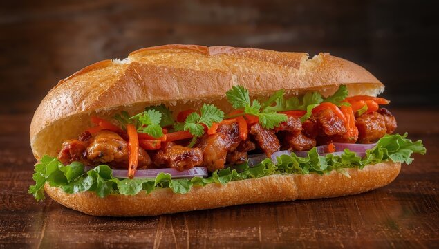 A delicious Vietnamese Banh Mi&mdash;crunchy bread stuffed with tasty grilled meat, fresh herbs, and pickled vegetables, rich in flavor!